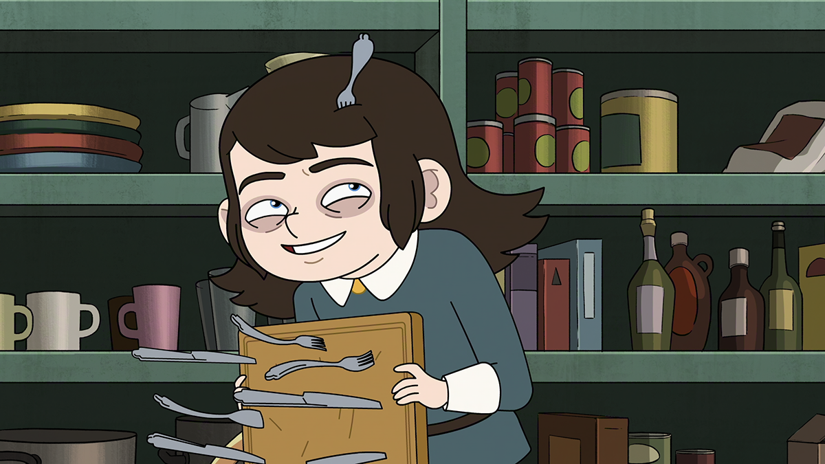 &Quot;Smiling Animated Child Holding A Wooden Knife Holder With Utensils, With A Fork Sticking Into His Head, Standing In Front Of Green Shelves Filled With Dishes, Cans, Bottles, And Kitchen Items In A Pantry Or Kitchen Setting.&Quot;