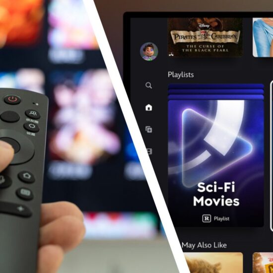 A remote pointing at a TV and a TV frame with the Disney+ homepage