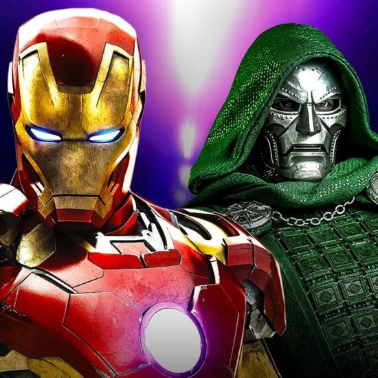 Iron Man next to Doctor Doom in front of a purple background.