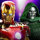 Iron Man next to Doctor Doom in front of a purple background.