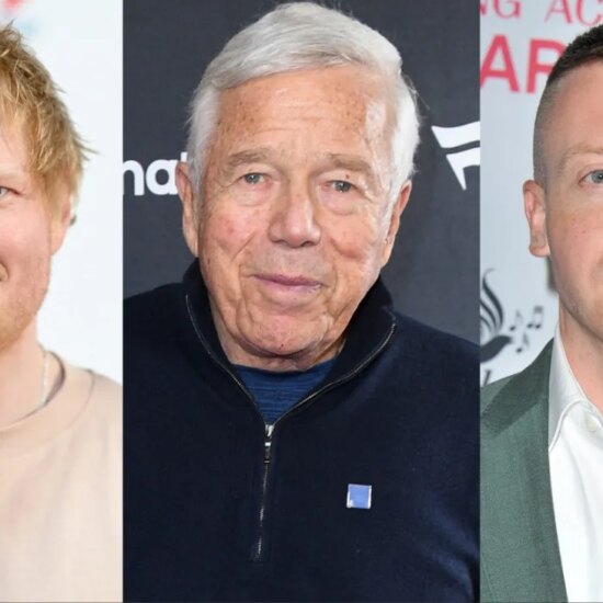 From left: Ed Sheeran, Robert Kraft and Macklemore