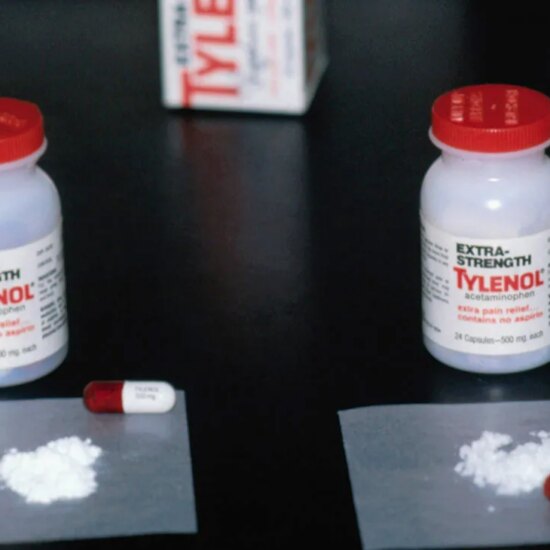 Chicago, Illinois: Samples of extra strength Tylenol and sample of cyanide laced medicine are side by side in the Cook County Medical Examiners office 10/2/1982. One on left is regular Tylenol with white spots power from capsules. The one at right is cyanide laced capsule with off white grayish and lumpy substance that is cyanide poison.