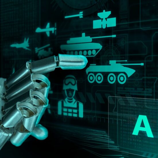 Robotic hand interacting with a digital display showing various military equipment, defense systems, drones and cybersecurity elements and data visualization in a dark environment.