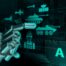 Robotic hand interacting with a digital display showing various military equipment, defense systems, drones and cybersecurity elements and data visualization in a dark environment.