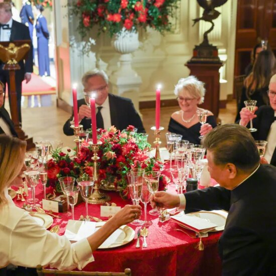 President of China Xi Jinping clinks glasses with U.S. first lady Melania Trump as U.S. President Donald Trump speaks during a state dinner in the East Room of the White House on September 24, 2026 in Washington, DC.