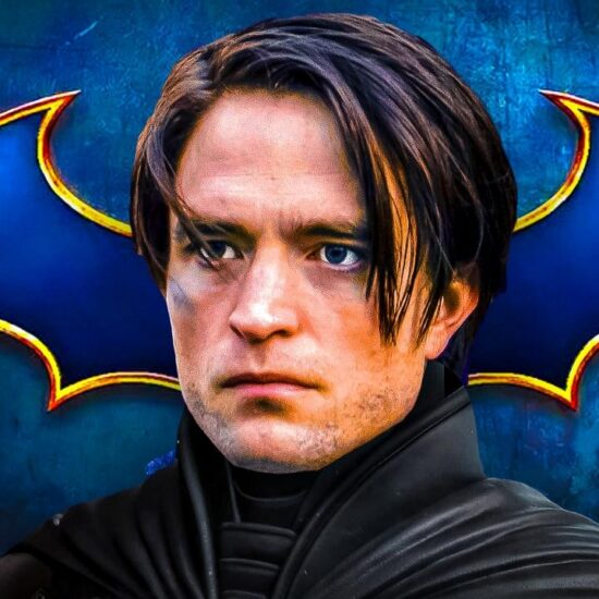 Batman unmasked, played by Robert Pattinson, Batman symbol in background
