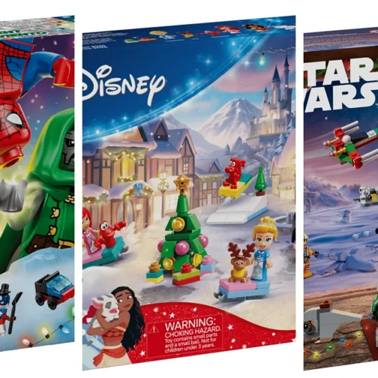 An image of three boxes of LEGOs. They are themed advent calendars. The one on the left is Marvel, the one in the middle is Disney Princesses, and the one on the right is Star Wars: The Mandalorian.