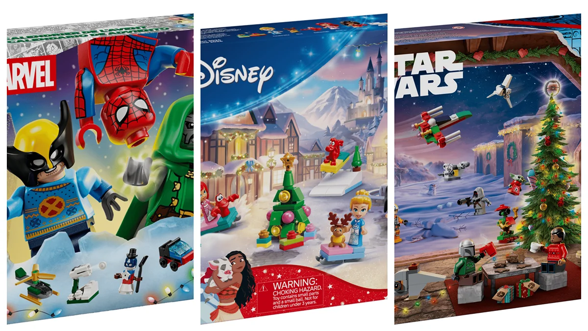 An image of three boxes of LEGOs. They are themed advent calendars. The one on the left is Marvel, the one in the middle is Disney Princesses, and the one on the right is Star Wars: The Mandalorian.