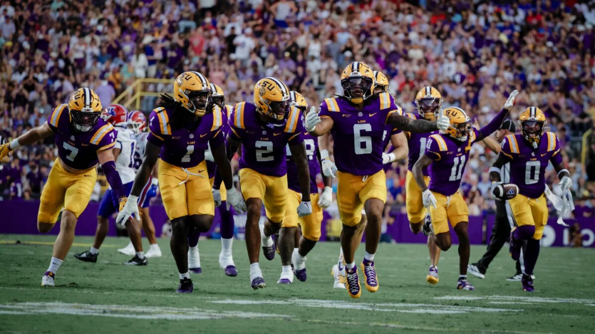 LSU Tigers defense celebrates after Tamarcus Cooley #0 recovers a fumble during the first half a game against the Louisiana Tech Bulldogs at Tiger Stadium on Sept. 12, 2026 in Baton Rouge, Louisiana.