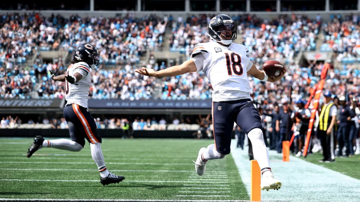Caleb Williams #18 of the Chicago Bears celebrates after scoring a touchdown during the first quarter against the Carolina Panthers of the game at Bank of America Stadium on Sept. 13, 2026 in Charlotte, North Carolina.