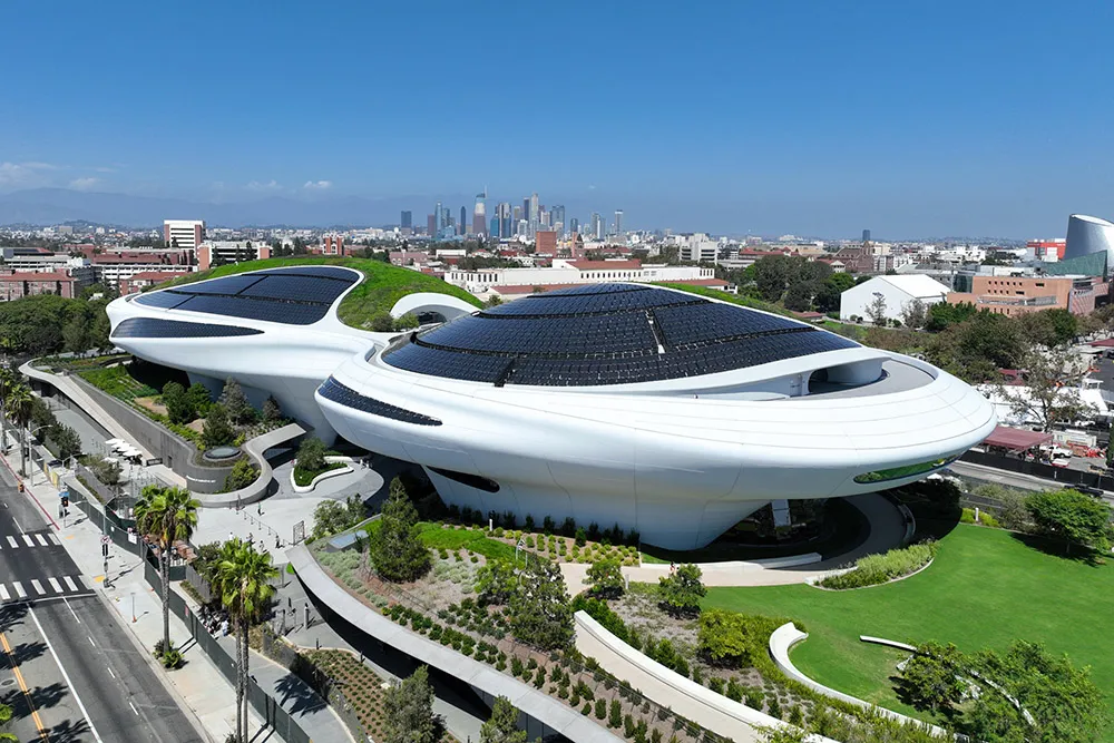 A general view shows the exterior of the Lucas Museum of Narrative Art on August 30, 2026 in Los Angeles, California.