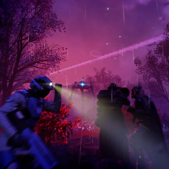 Helldivers 2 soldiers fighting bugs in an official Steam screenshot from Arrowhead Game Studios