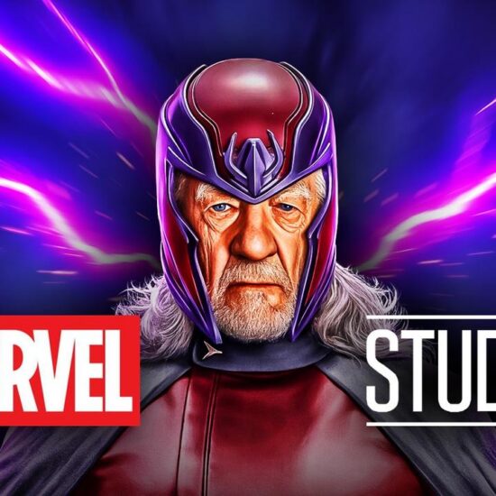 Ian McKellen's Magneto with Marvel Studios logo in front of purple lightning.