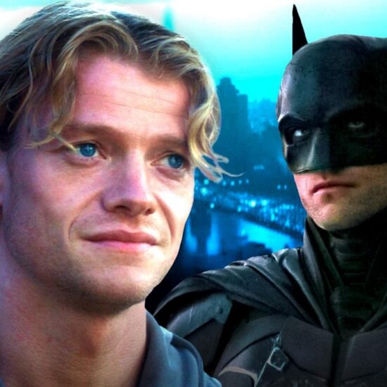 Tom Rhys Harries as Matt Hagen in Clayface with Batman in front of Gotham.