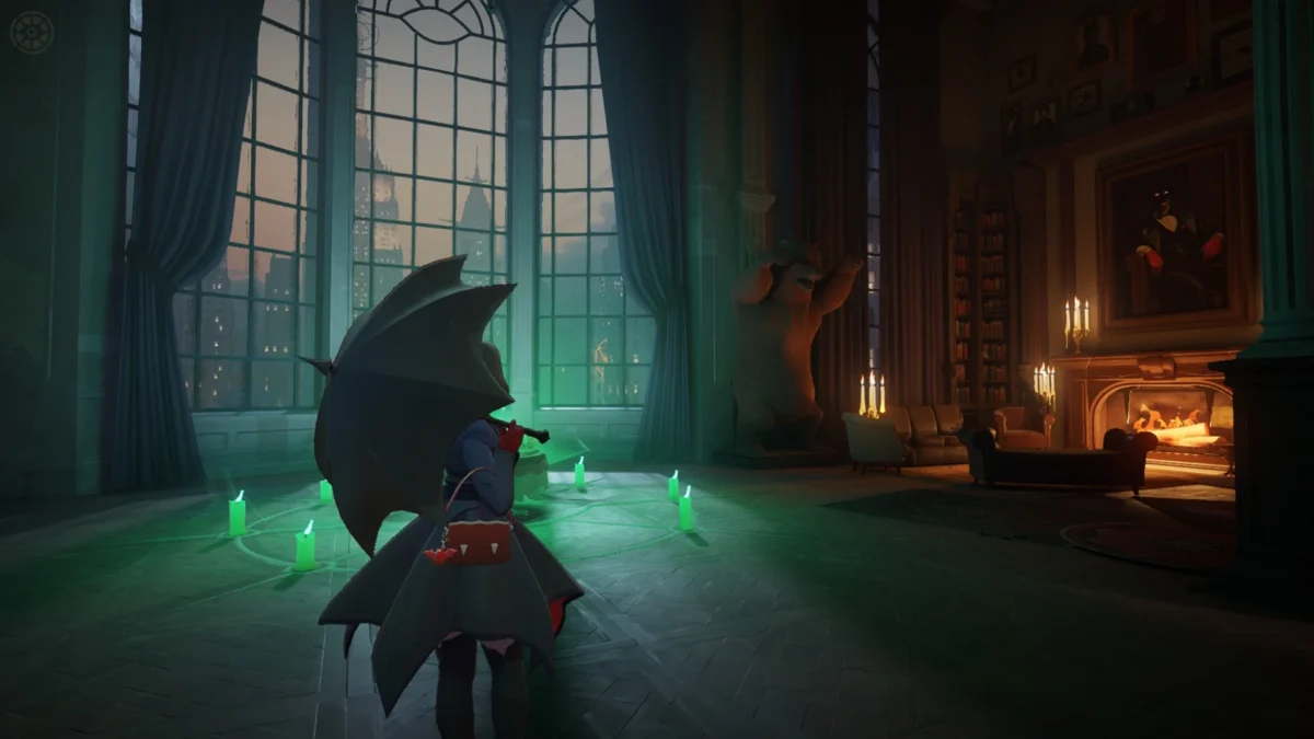 A third-person view of a character holding a bat-wing umbrella in a gothic room from Deadlock.