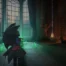 A third-person view of a character holding a bat-wing umbrella in a gothic room from Deadlock.