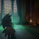 A third-person view of a character holding a bat-wing umbrella in a gothic room from Deadlock.