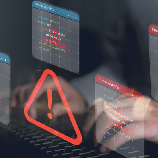 A laptop with digitally inserted hack warnings around it