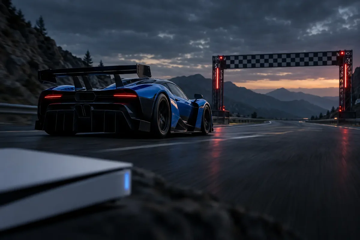 Racing car approaching an empty finish line beside an unbranded game console, symbolizing a delayed PlayStation launch.