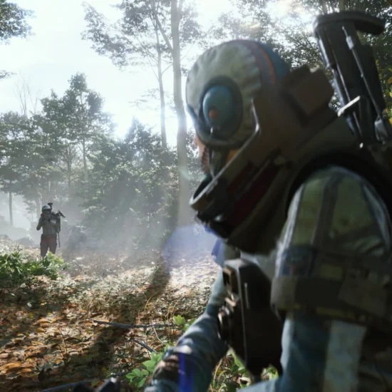 Over-the-shoulder view of a character in a futuristic suit in a wooded environment from Arc Raiders.