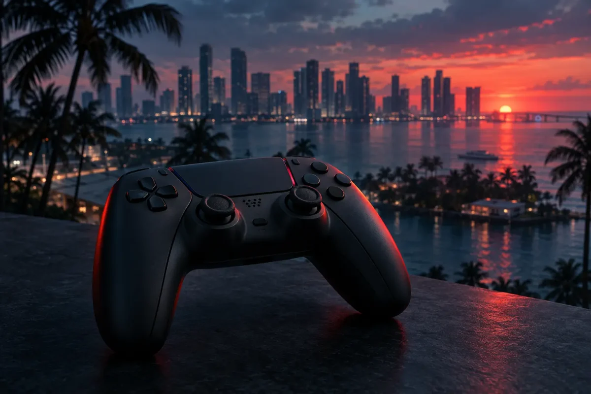 Cinematic game controller against a blurred Vice City-inspired skyline for GTA 6’s console launch