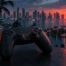 Cinematic game controller against a blurred Vice City-inspired skyline for GTA 6’s console launch