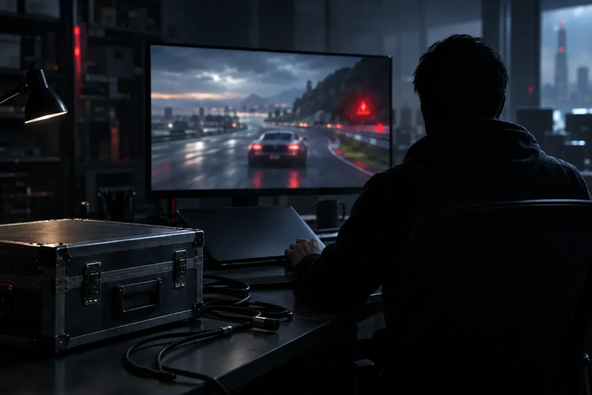 Anonymous gamer silhouette viewing blurred leaked gameplay beside equipment for an unnamed project