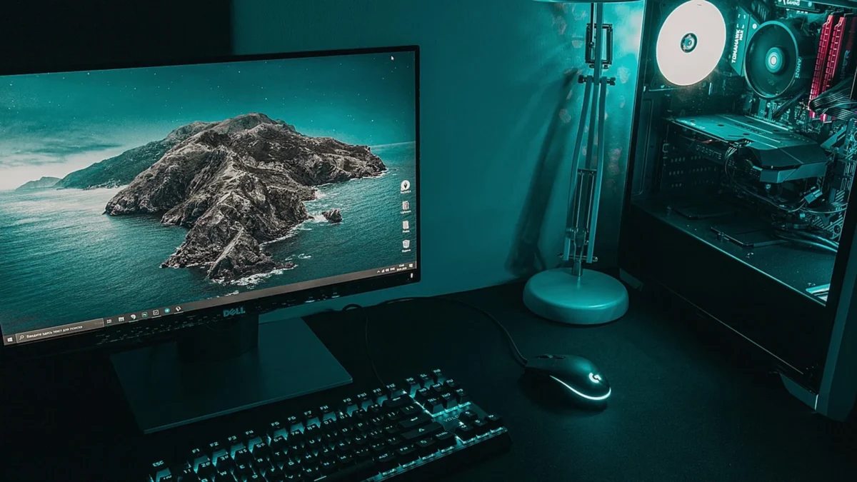A high-end gaming PC setup with a monitor, mechanical keyboard, mouse, and a glowing desktop tower in teal lighting.