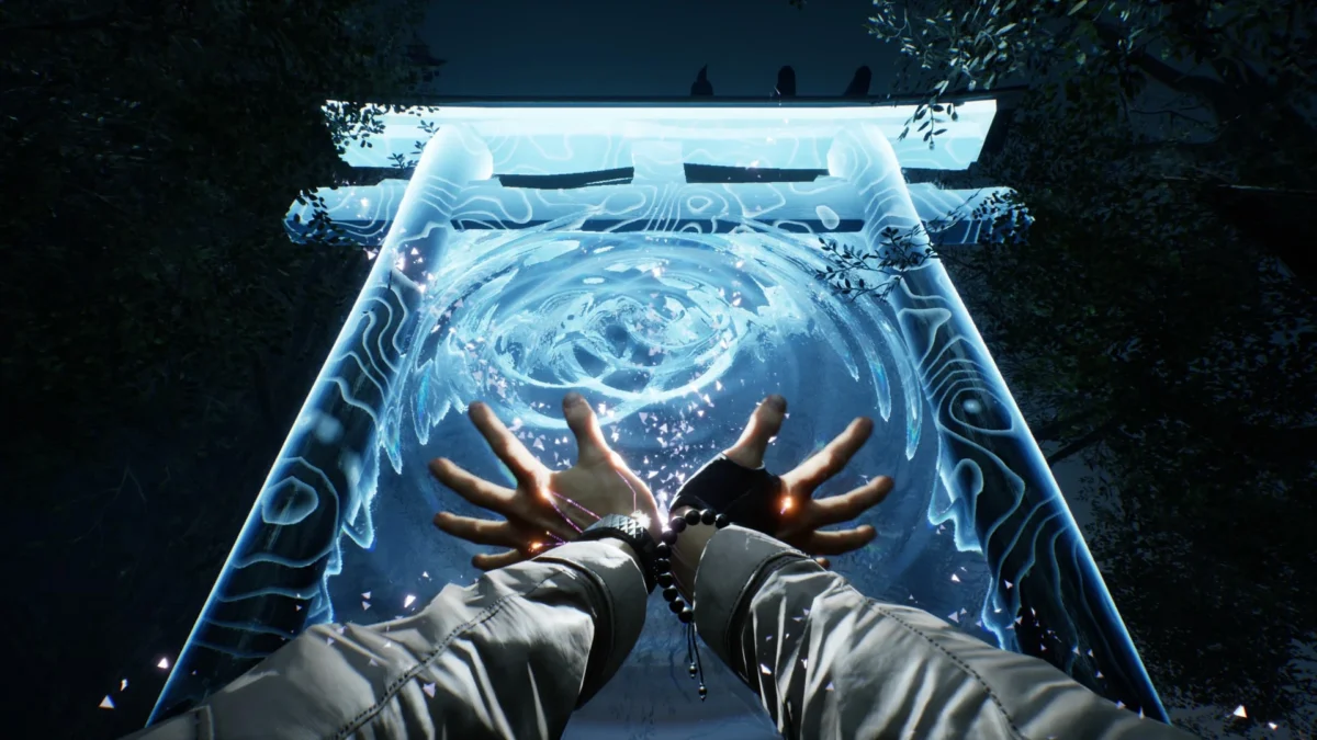 First-person perspective of a character using magical abilities in front of a glowing blue torii gate in Ghostwire: Tokyo.