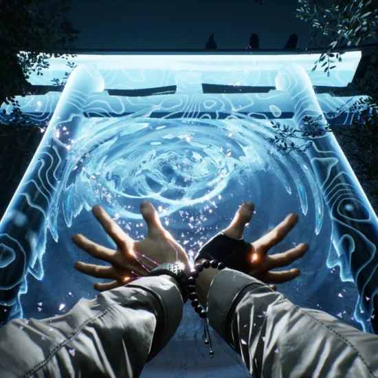 First-person perspective of a character using magical abilities in front of a glowing blue torii gate in Ghostwire: Tokyo.