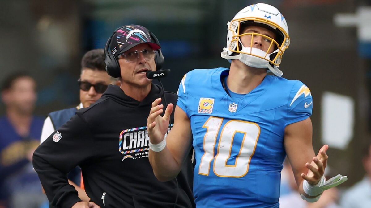 Los Angeles Chargers head coach Jim Harbaugh and quarterback Justin Herbert
