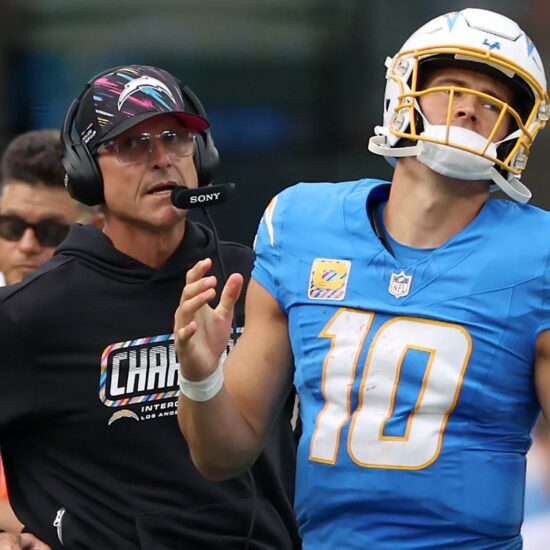Los Angeles Chargers head coach Jim Harbaugh and quarterback Justin Herbert