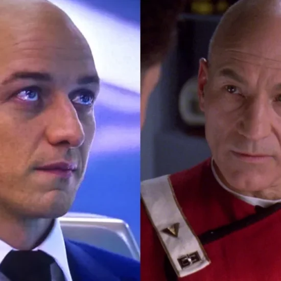 (Left) James McAvoy as Charles Xavier in Dark Phoenix (Right) Patrick Stewart in the Star Trek: TNG episode Tapestry