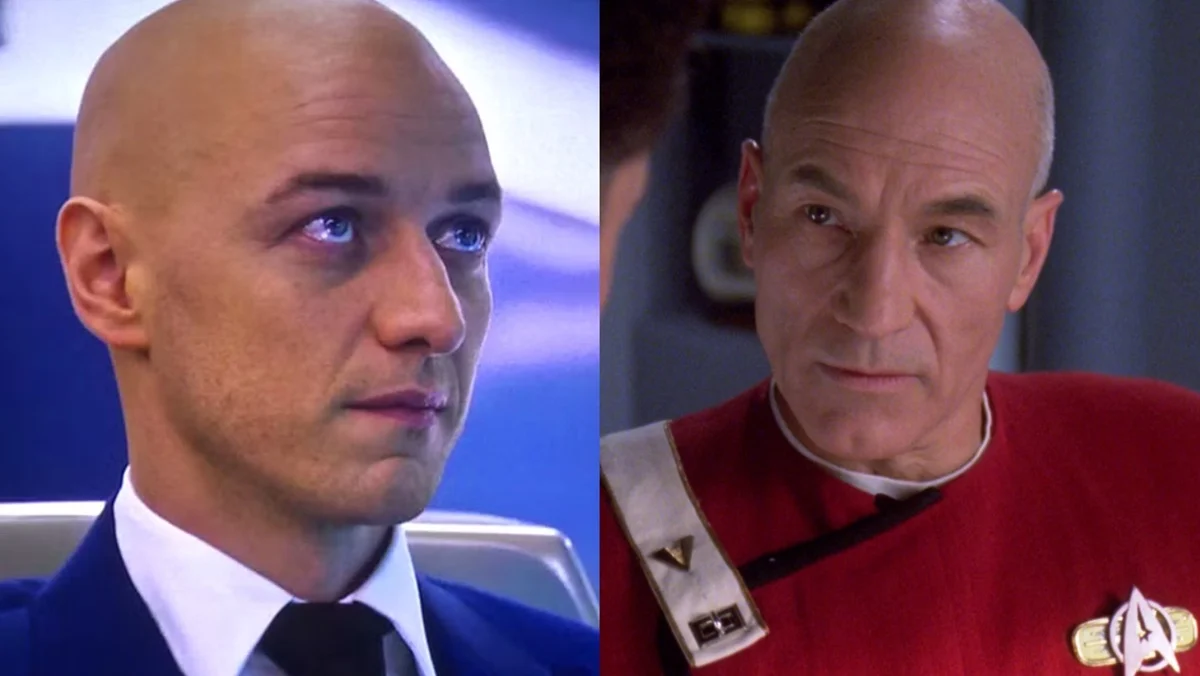 (Left) James McAvoy as Charles Xavier in Dark Phoenix (Right) Patrick Stewart in the Star Trek: TNG episode Tapestry