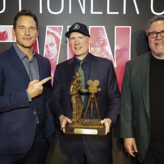 From left, Chris Pratt, Kevin Feige and Jon Favreau attend the 2026 Will Rogers Pioneer of the Year Dinner honoring Kevin Feige on Sept. 30, 2026 in Beverly Hills, California. (Photo by Ryan Miller/Capture Imaging)