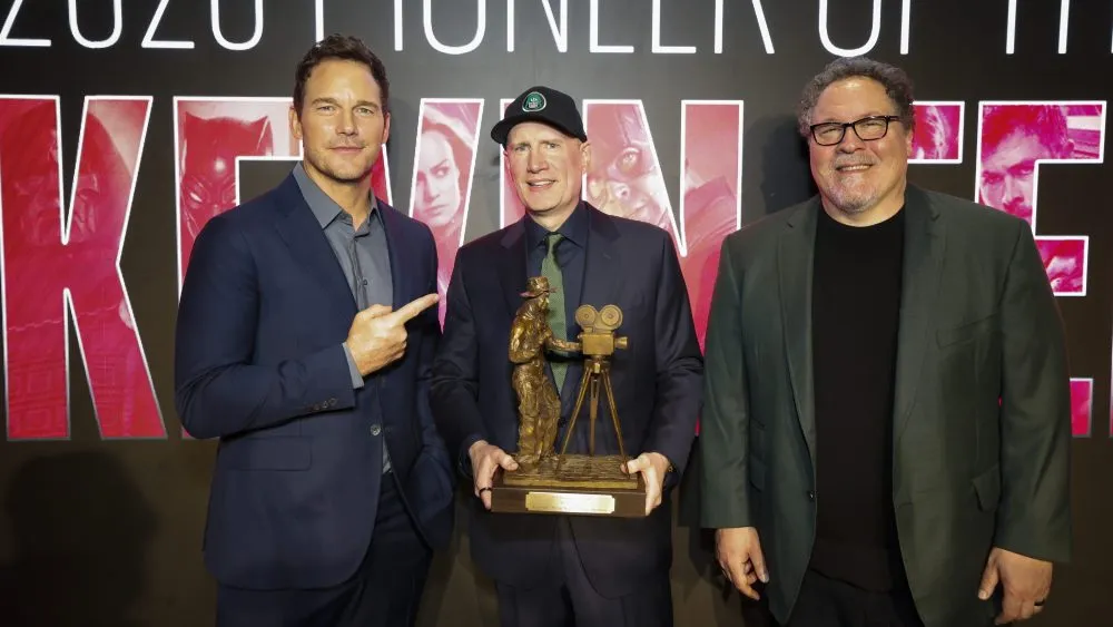 From left, Chris Pratt, Kevin Feige and Jon Favreau attend the 2026 Will Rogers Pioneer of the Year Dinner honoring Kevin Feige on Sept. 30, 2026 in Beverly Hills, California. (Photo by Ryan Miller/Capture Imaging)
