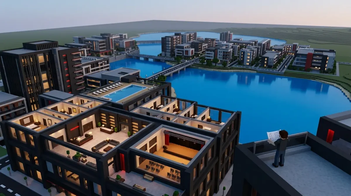 Voxel Minecraft-style city with detailed buildings, water, and warm interiors from a decade-long architecture project