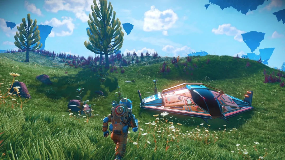 A character and a spaceship on a colorful alien planet in No Man's Sky.