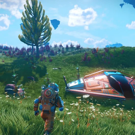 A character and a spaceship on a colorful alien planet in No Man's Sky.