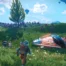 A character and a spaceship on a colorful alien planet in No Man's Sky.