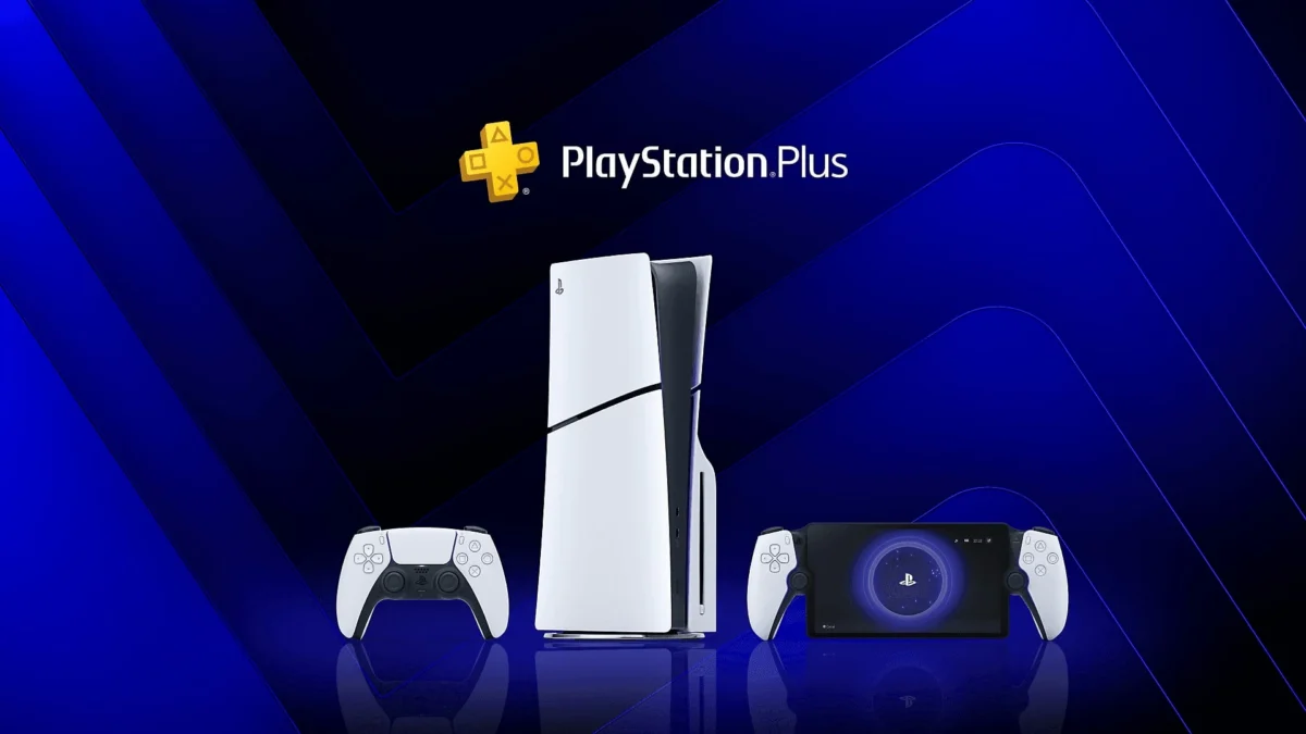 PlayStation 5 console, DualSense controllers, and PlayStation Plus logo on a blue background.