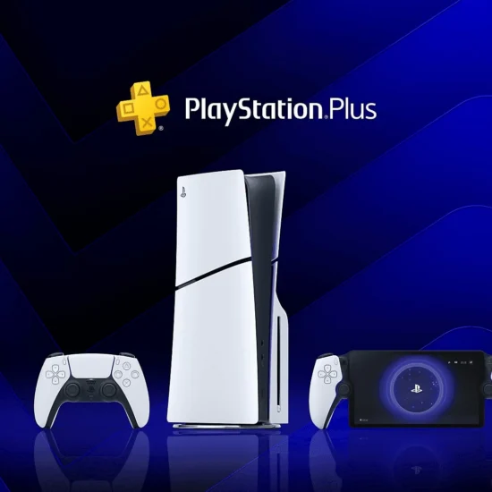 PlayStation 5 console, DualSense controllers, and PlayStation Plus logo on a blue background.