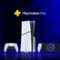 PlayStation 5 console, DualSense controllers, and PlayStation Plus logo on a blue background.