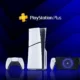 PlayStation 5 console, DualSense controllers, and PlayStation Plus logo on a blue background.