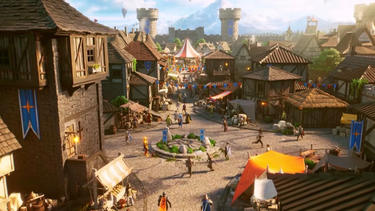 A wide shot of a bustling medieval fantasy town square with stone buildings, banners, and characters from RuneScape 4.