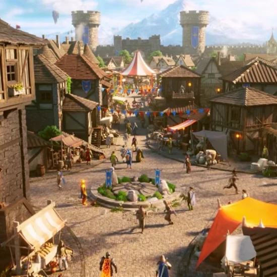 A wide shot of a bustling medieval fantasy town square with stone buildings, banners, and characters from RuneScape 4.