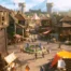 A wide shot of a bustling medieval fantasy town square with stone buildings, banners, and characters from RuneScape 4.