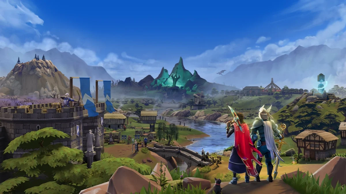 Key art from RuneScape 3 featuring characters overlooking a vast landscape with a castle and mountains.