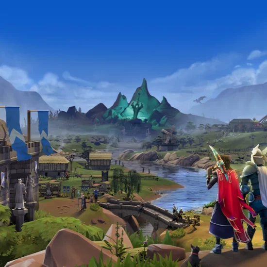Key art from RuneScape 3 featuring characters overlooking a vast landscape with a castle and mountains.