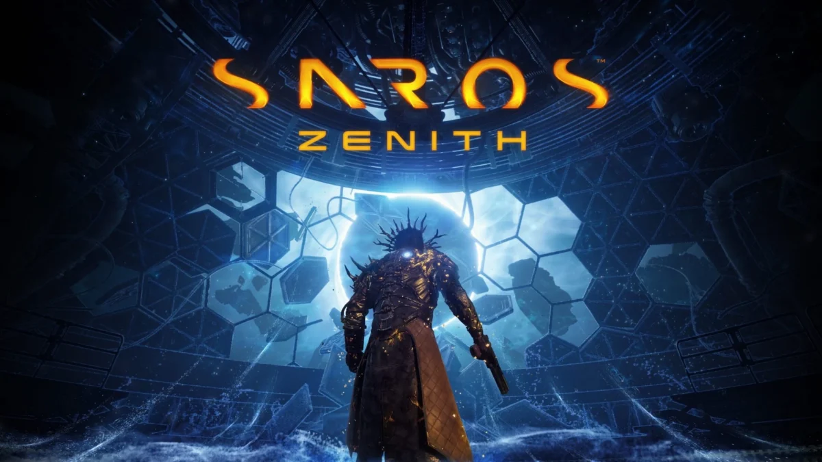 Key art for Saros: Zenith featuring a character facing a large glowing portal in a futuristic environment.